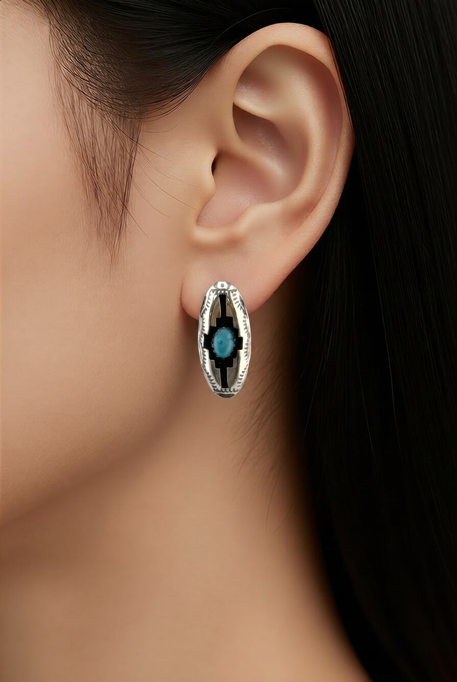 Navajo Felix Perry Handmade Silver Turquoise Post Shadowbox Earrings